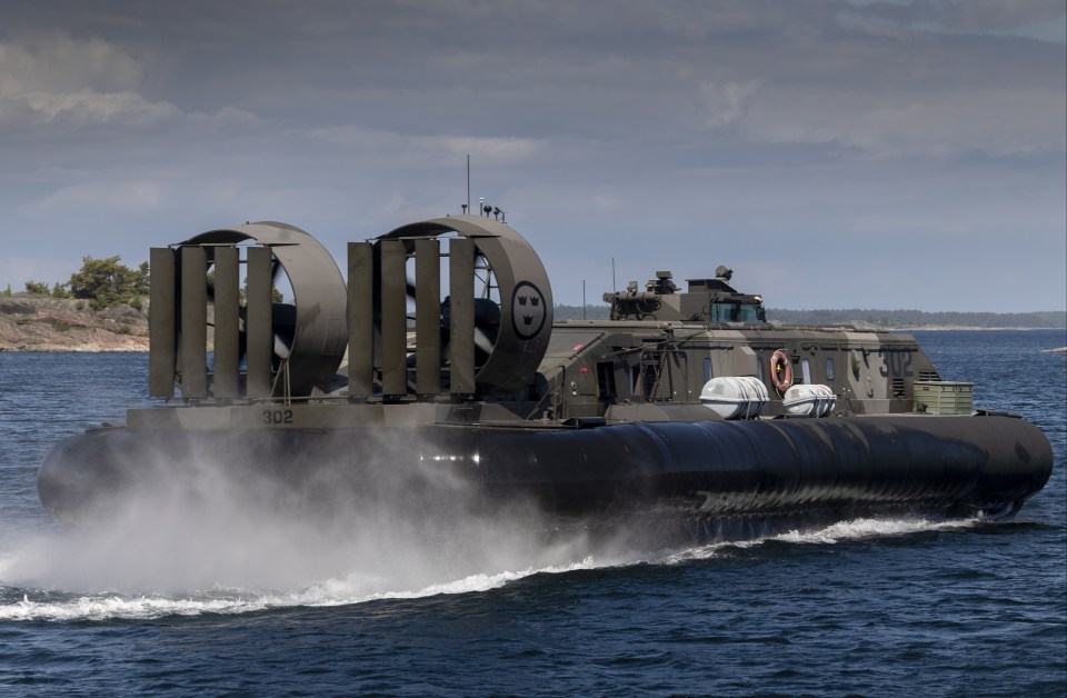 A Swedish navy military hovercraft during military drills in the Baltic Sea