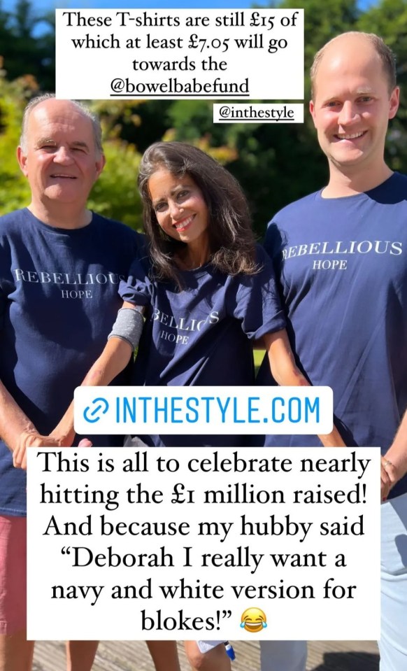 Posting to Instagram, Deborah said the new t-shirts were to celebrate nearly hitting a million. She is pictured above with her dad and brother