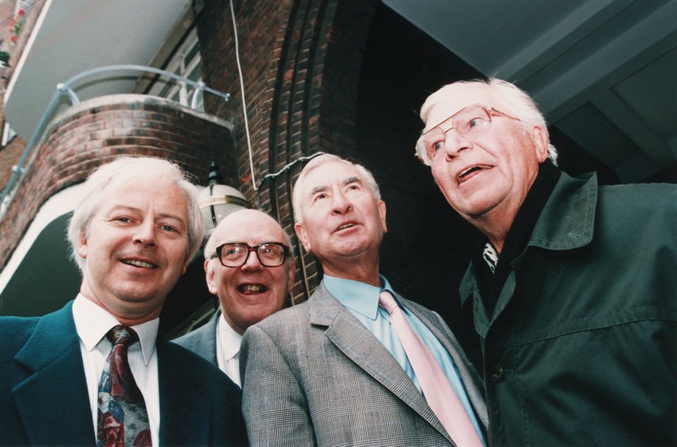 Ian Lavender, Frank Williams, Bill Pertwee and Clive Dunn at the unveiling of a plaque for John Le Mesurier