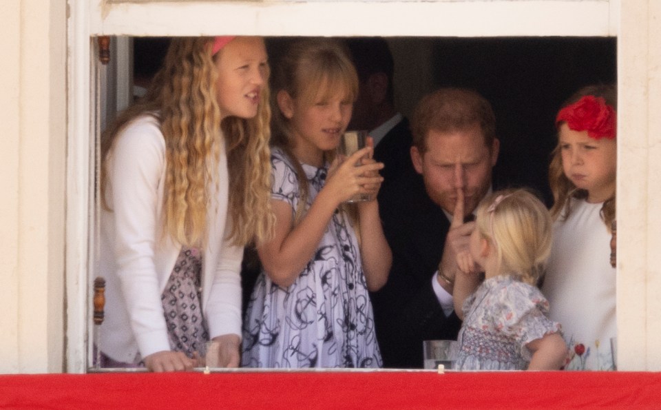 Prince Harry could also be seen shushing the younger royals as they watched the Trooping the Colour