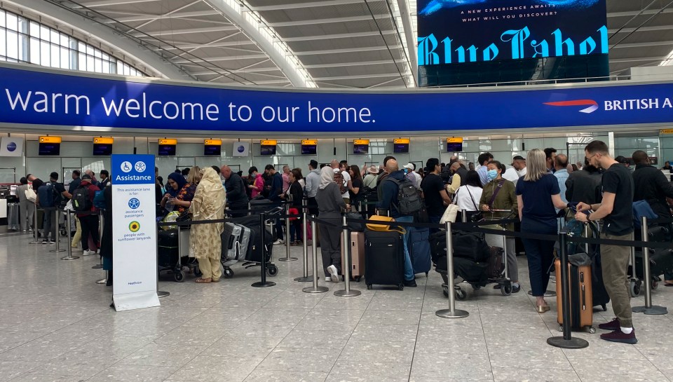 Queues stretched back in Heathrow Airport