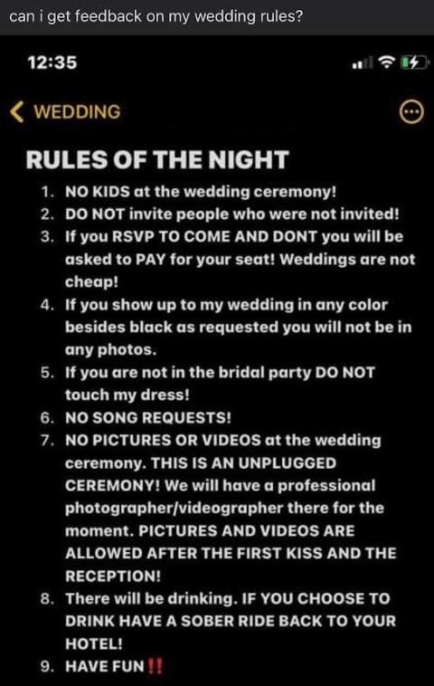 The list of rules (pictured) caused quite a stir online