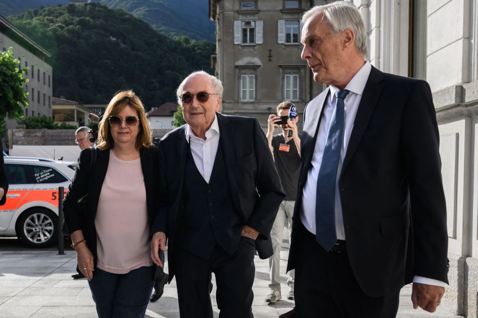 Sepp Blatter (centre) was accompanied by his daughter Corinne Blatter (left) on his first day of the corruption trial at Switzerland’s Federal Criminal Court