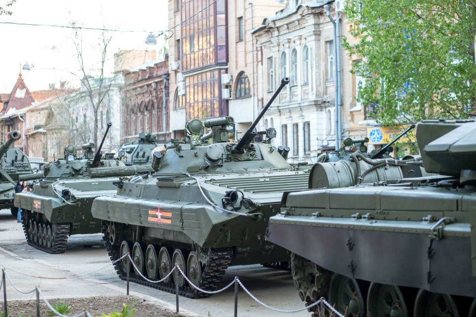 Russian tanks on display on Victory Day, May 9, in Moscow