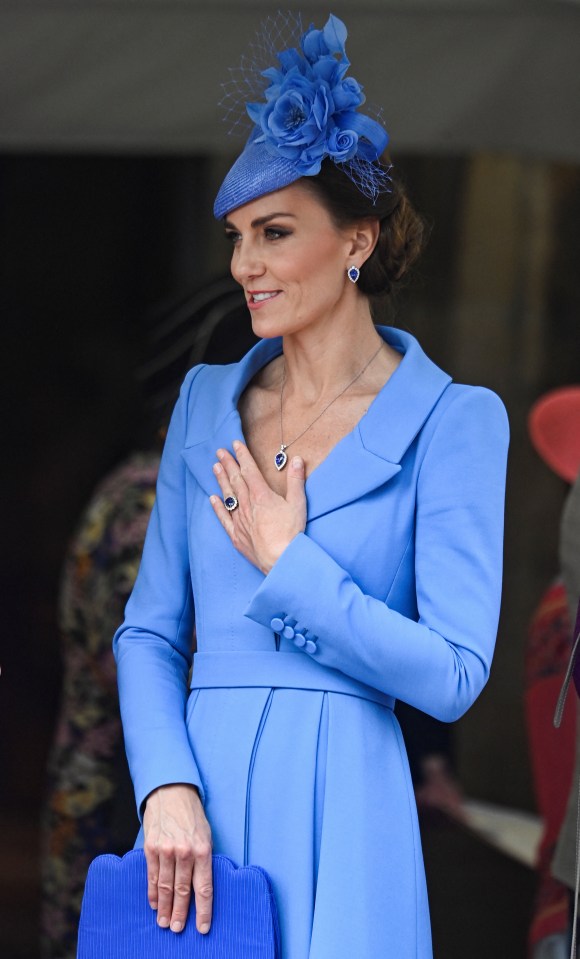 Kate was dressed head-to-toe in blue and wearing matching sapphire jewellery