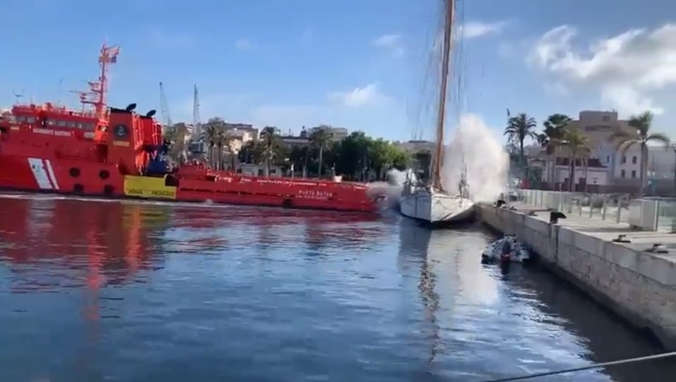 The vessel crashed into the small luxury yacht on Monday morning