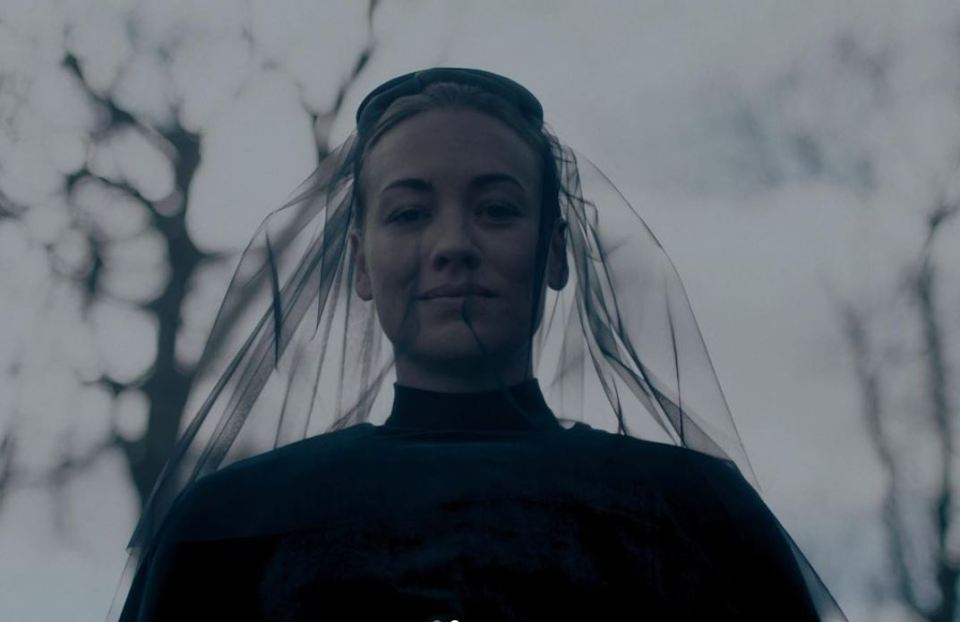 Yvonne Strahovski is seen in a black veil as Serena Joy