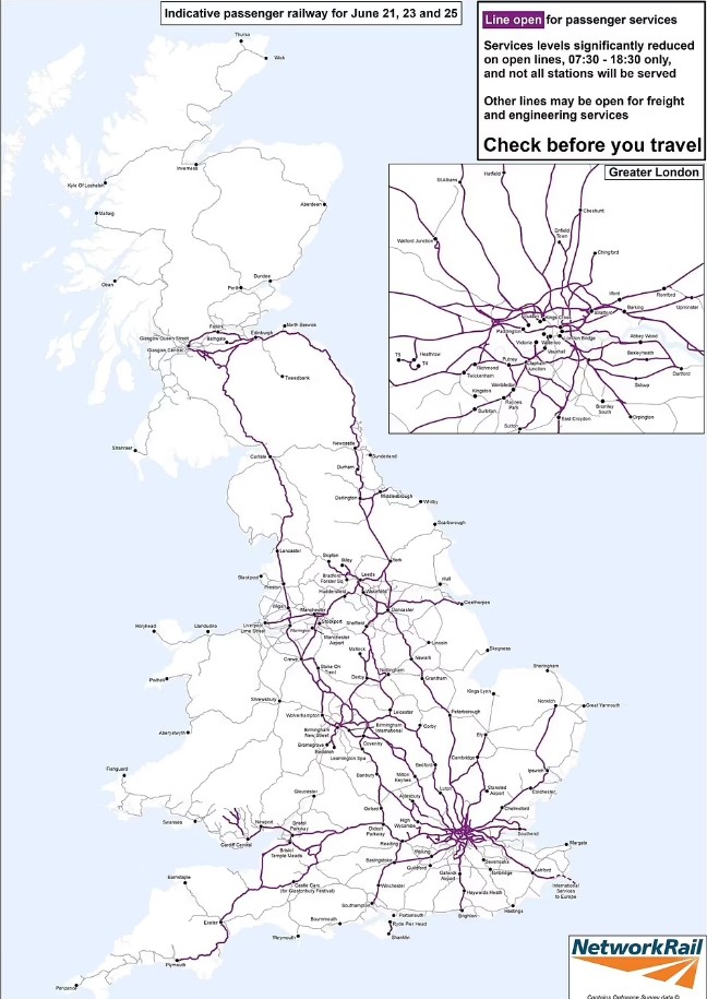 A map show how only around half of Britain’s train network will be open on strike days