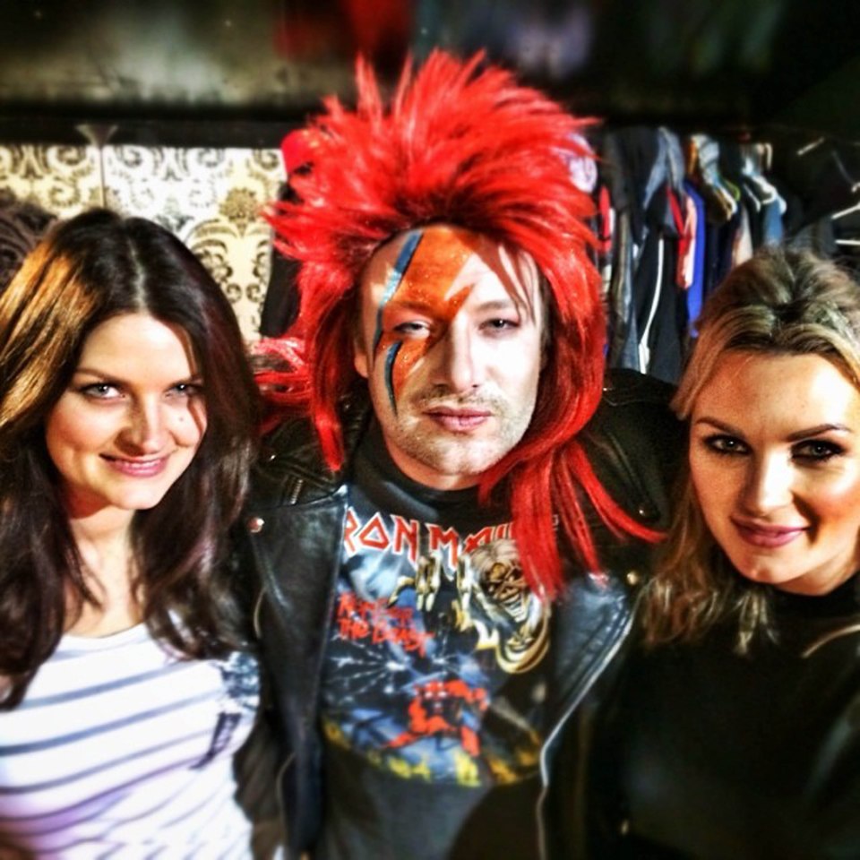 Jamie Oliver poses after getting made-up as David Bowie by sisters Sam and Nic Chapman