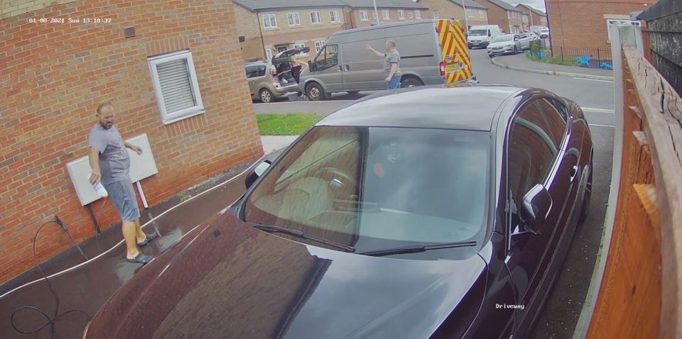 CCTV captured a resident splashing his neighbour's car with BLEACH in a row over a shared driveway