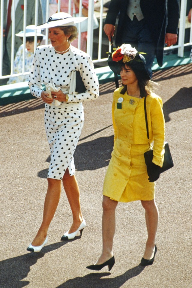 Princess Diana wearing a white dress with black polkadots on June 15, 1988 in Ascot