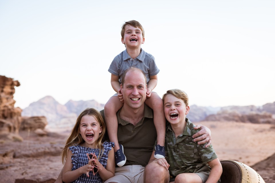 Prince William giggles with kids George, eight, Charlotte, seven, and Louis, four, in an official Father’s Day photo