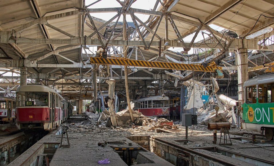 A destroyed tramway depot after recent shelling in Kharkiv