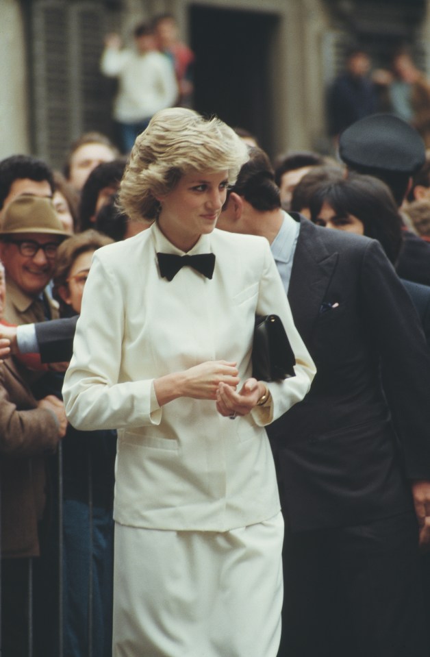 Diana wore an androgynous Jasper Conran co-ord with a bow tie in 1985