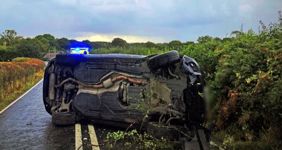 The wreckage of Price's vehicle after she flipped it in Partridge Green, West Sussex, while banned and after a drink and drug session