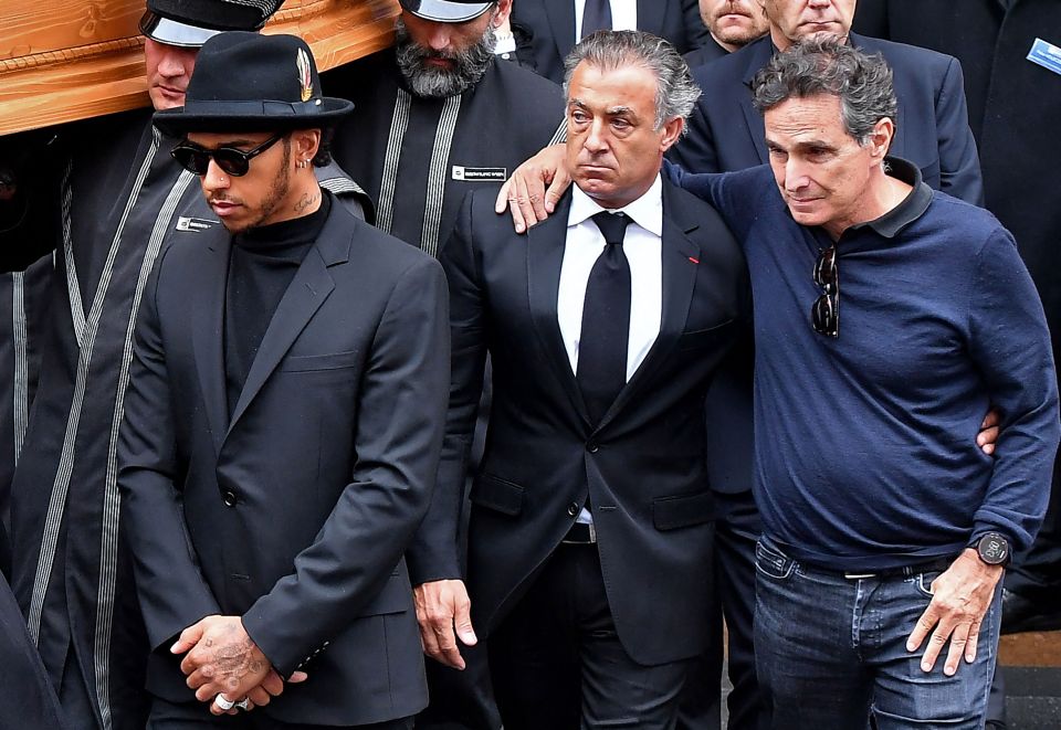 Piquet (right), Jean Alesi (middle) and Hamilton (left) at the funeral of Niki Lauda