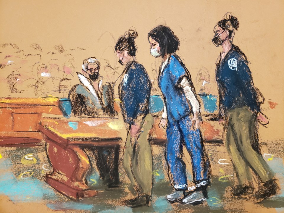 Maxwell arrived at the court in a blue prison uniform and shackles