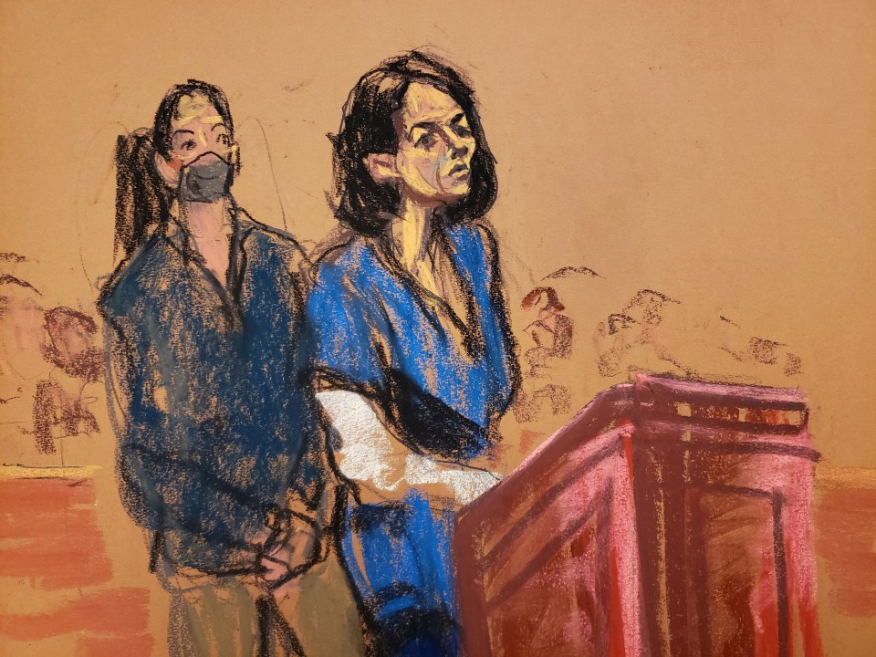 A court sketch shows Ghislaine Maxwell standing in the dock during her sentencing