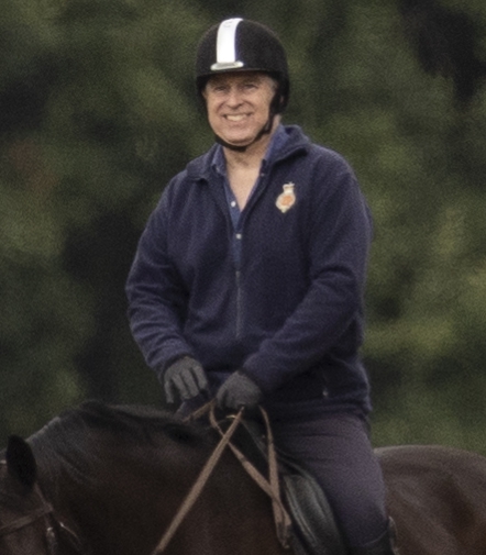 Prince Andrew was seen smiling as he rode his horse on Windsor Estate today