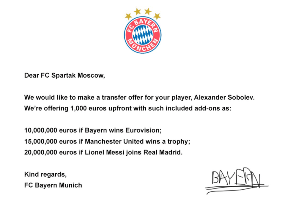 Spartak's joke letter, pretending to be from Bayern Munich