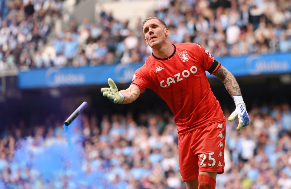 Robin Olsen faced a lot during the Etihad season finale, even before the pitch invasion, and here throws away a flare