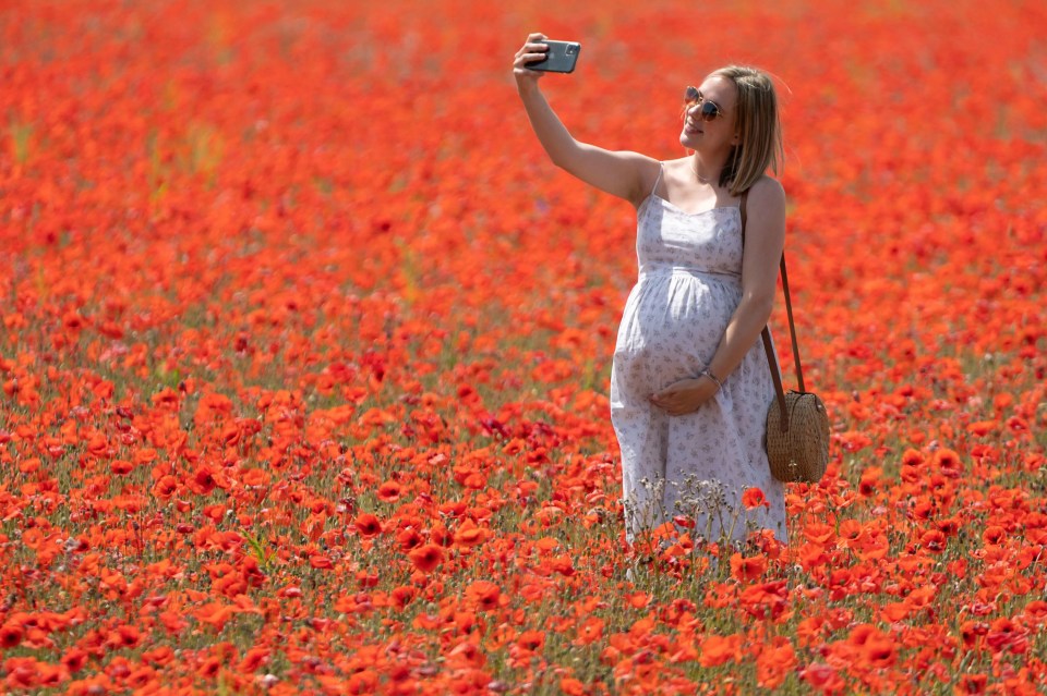 Paige Dawson, 28, takes a selfie in a huge field of poppies in flower in Bramford, Suffolk