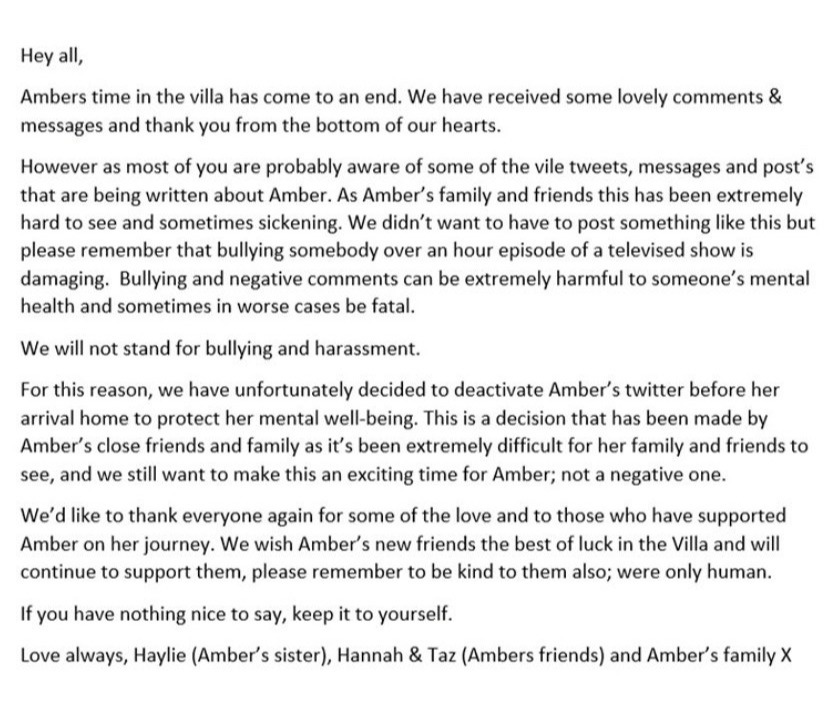 Amber's friends and family issued this statement last night