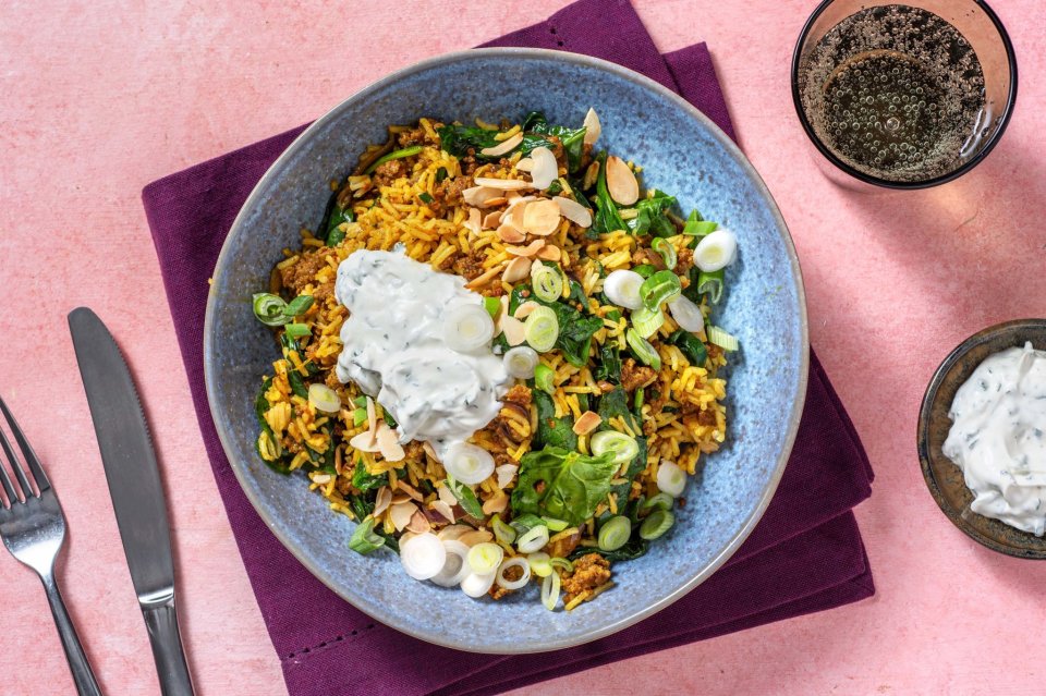 Fragrant Beef Pilaf with Flaked Almonds, Spinach and Coriander Yoghurt