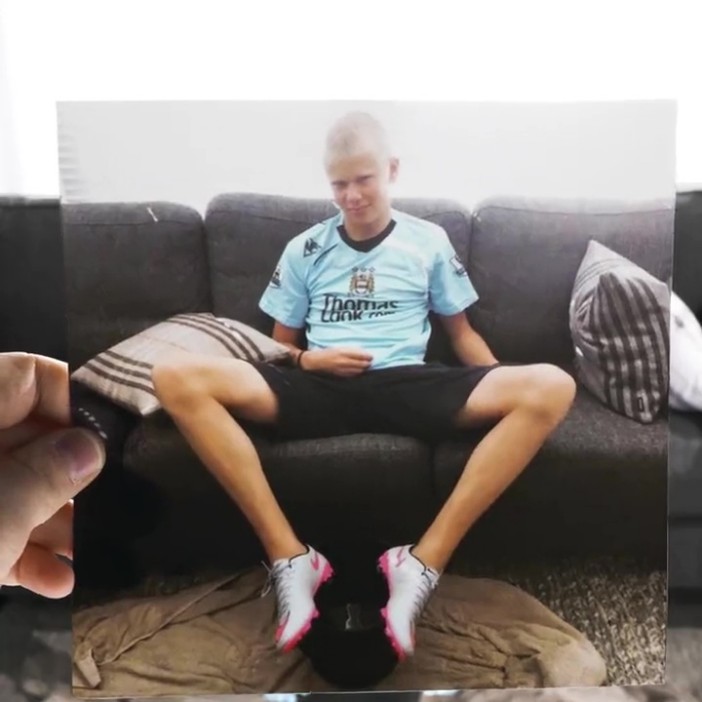 Haaland was pictured as a kid wearing City's 2008-09 top