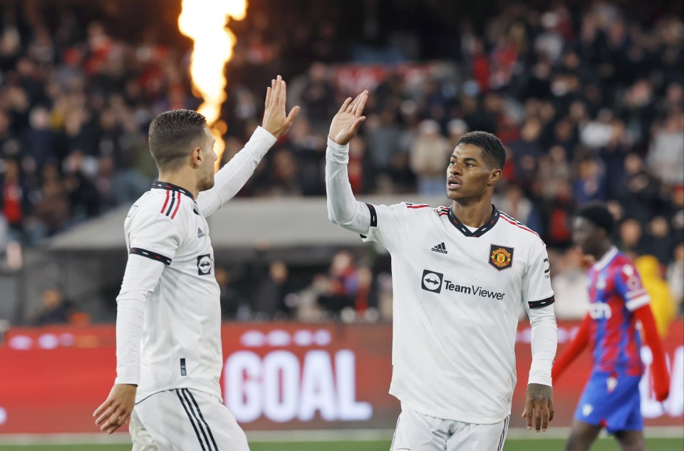 Marcus Rashford is congratulated for his goal