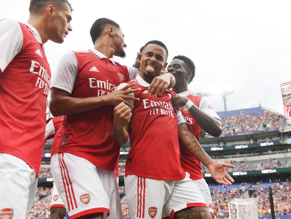 Gabriel Jesus celebrates scoring for Arsenal against Everton in Baltimore