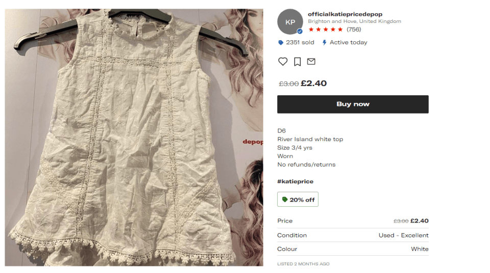 The cheapest item listed is a River Island child's top, which was initially listed for £3 but is now down to £2.40