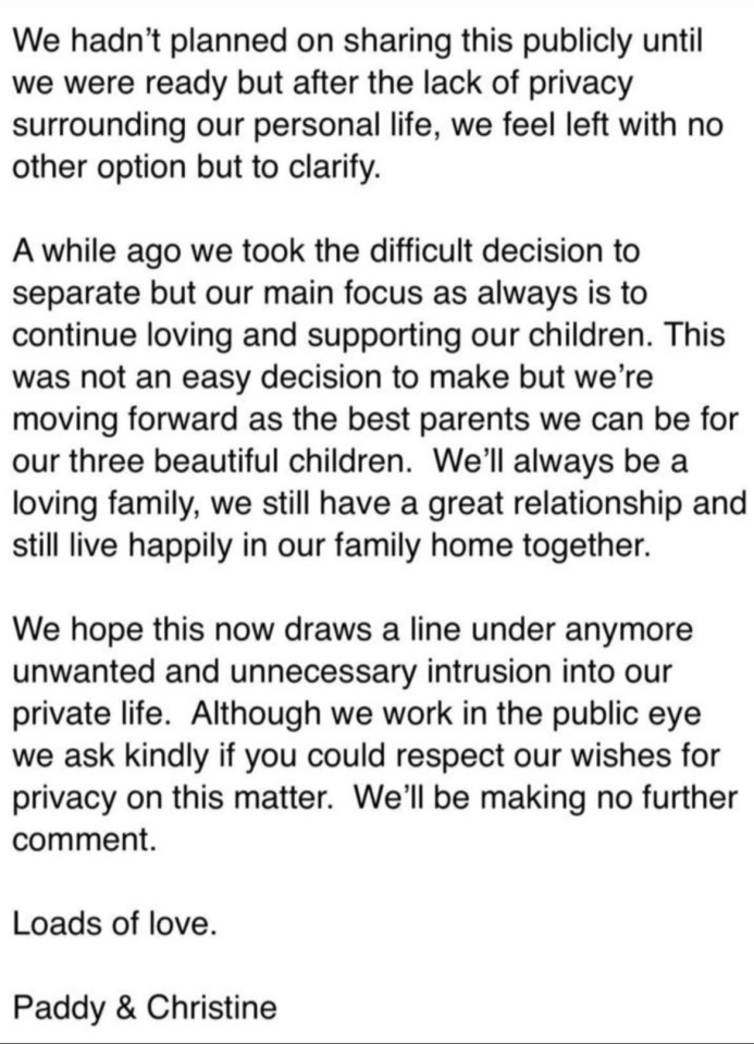 Paddy and Christine McGuinness shared this statement on Instagram