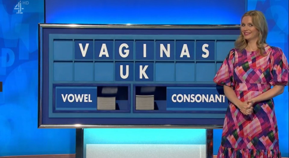 The Countdown presenter looked awkward as she stood next to the graphic word 'vaginas UK'