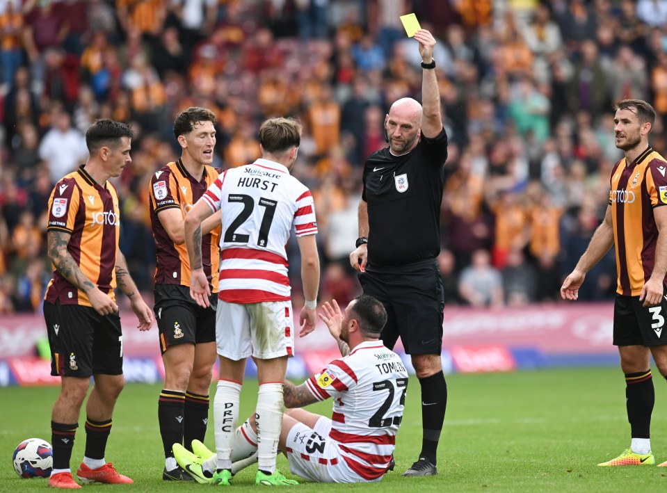 Lee Tomlin was sent off for two yellow cards in 17 SECONDS in Doncaster's draw away at Bradford