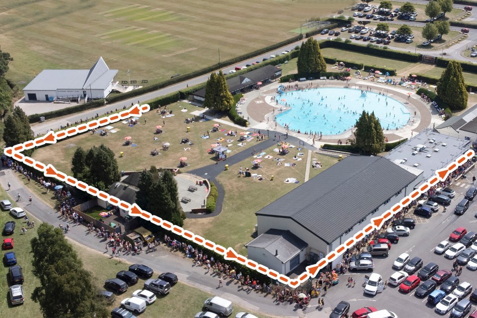 Brits queued up to two hours for the outdoor pool in Inkley, West Yorkshire