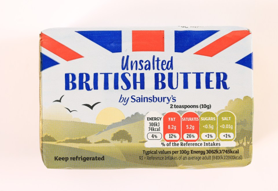 Sainsbury's Unsalted British Butter features a design of a sunset