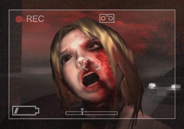 A woman covered in blood screams into a camera