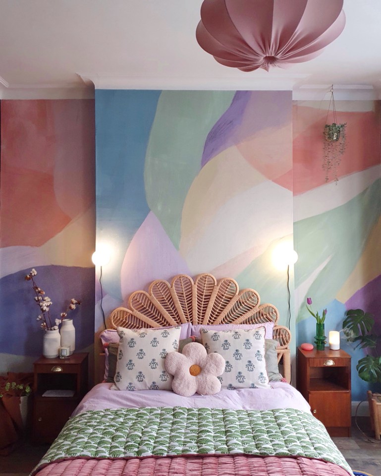 The bedroom is pastel perfection