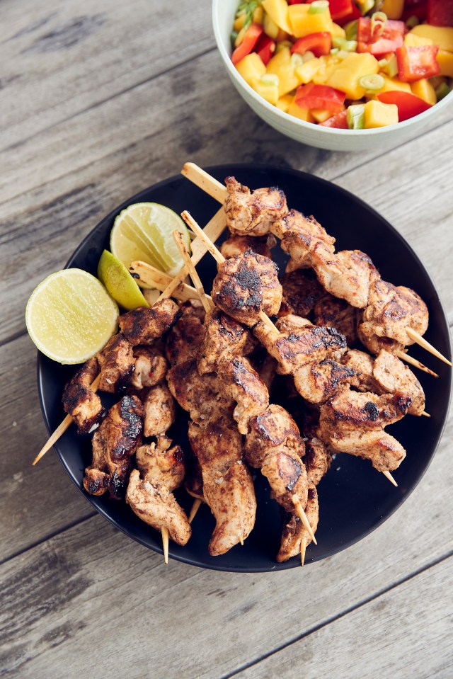 Jerk chicken skewers with mango salsa