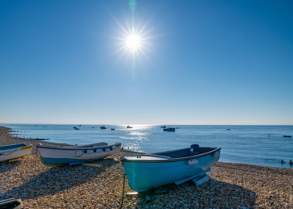 Blue skies over the English Channel seen from the beach in Selsey, West Sussex