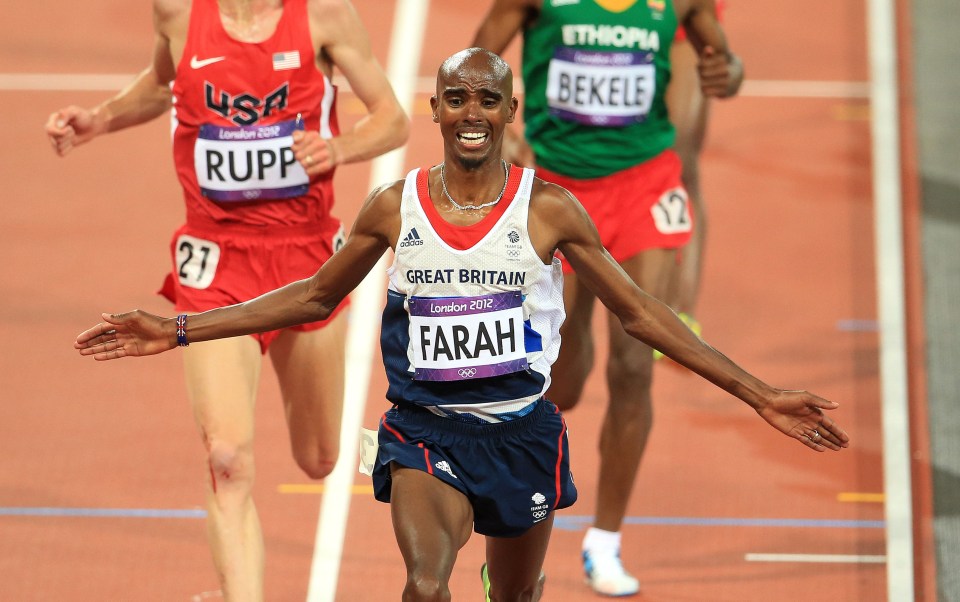 Sir Mo Farah became a British hero when he won double gold at the London 2012 Olympics. Pictured as he crosses the line in the 10,000m final