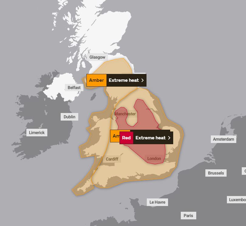 The central red bubble is where the Met Office Red warning will be on Tuesday