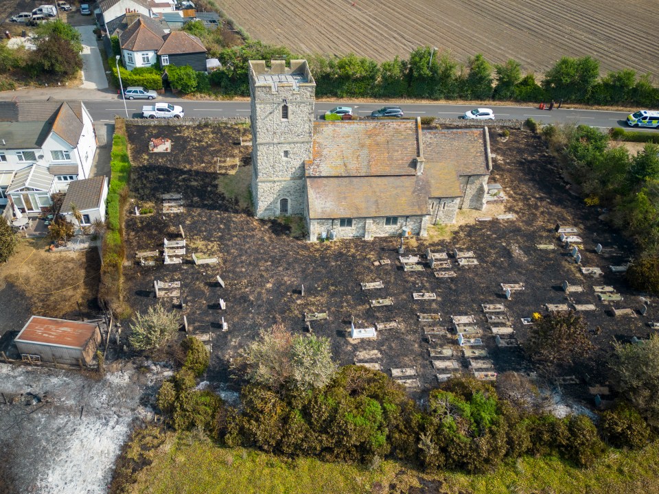 Aerial images show the scorched churchyard in Wennington