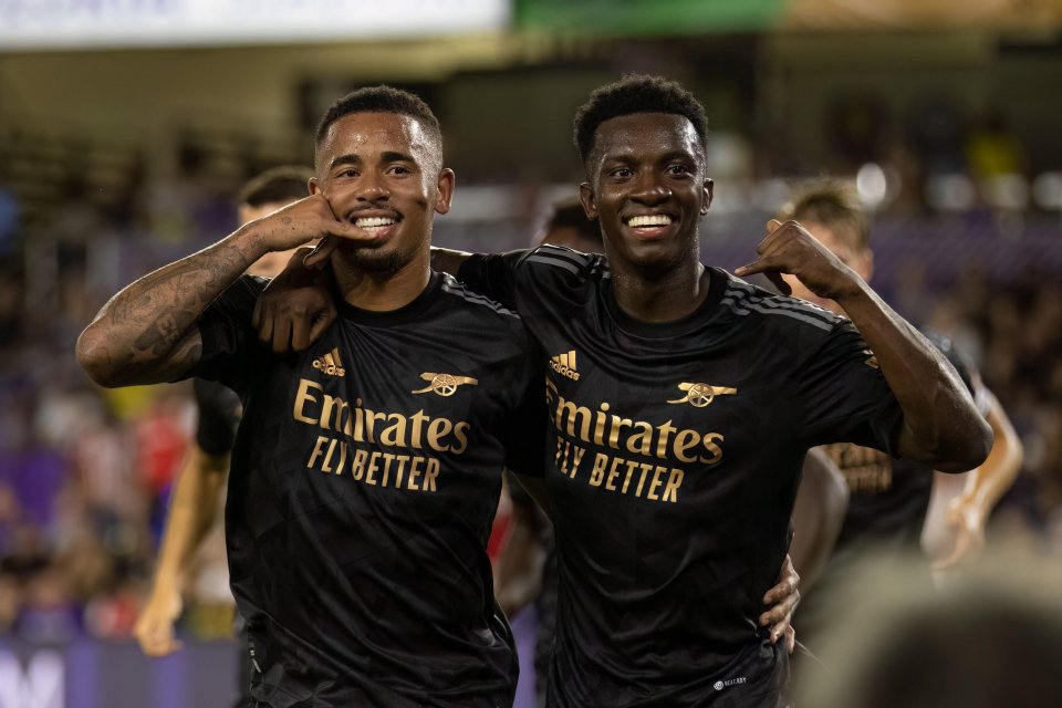 Gabriel Jesus celebrates a goal alongside Eddie Nketiah