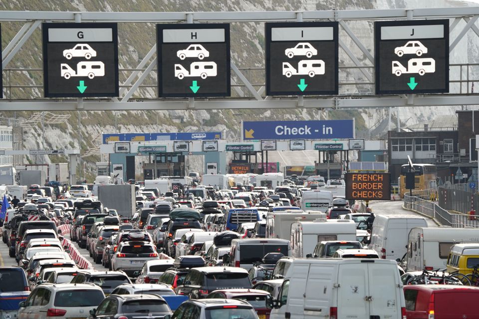 Cars and lorries queued on the M20 motorway leading to Dover