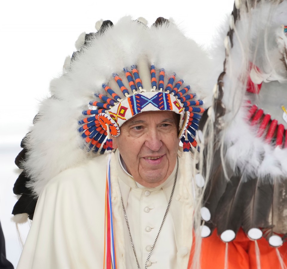 Native American leaders in Canada presented Pope Francis with a traditional headdress, which rather suits him