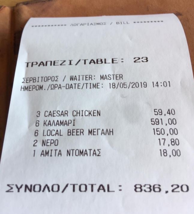 Pictures show the staggering $836.20 bill for calamari, salads and beers