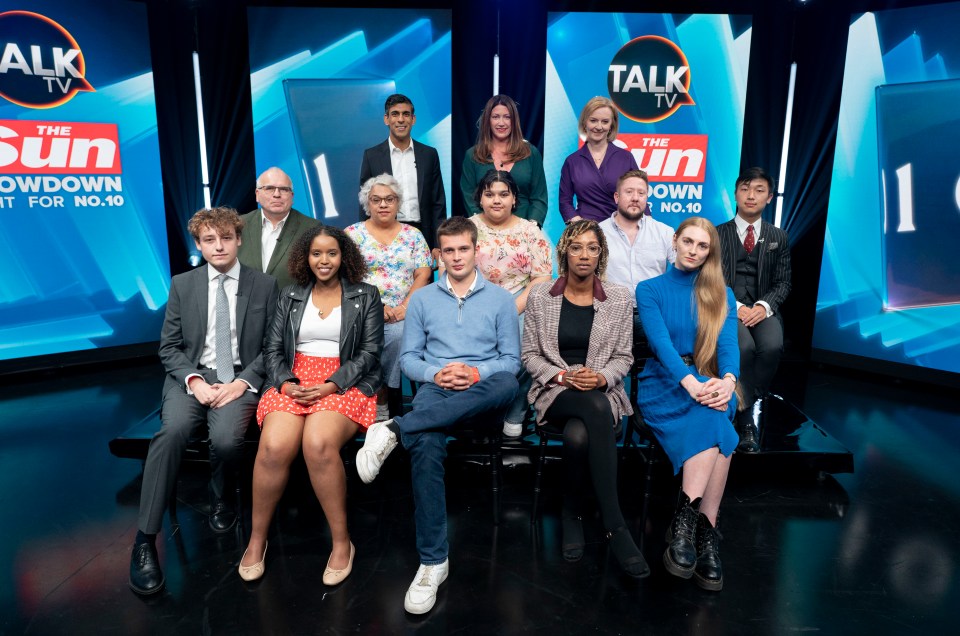 Sun editor Victoria Newton with Ms Truss, Mr Sunak and our panel at the TalkTV studio in Ealing, west London