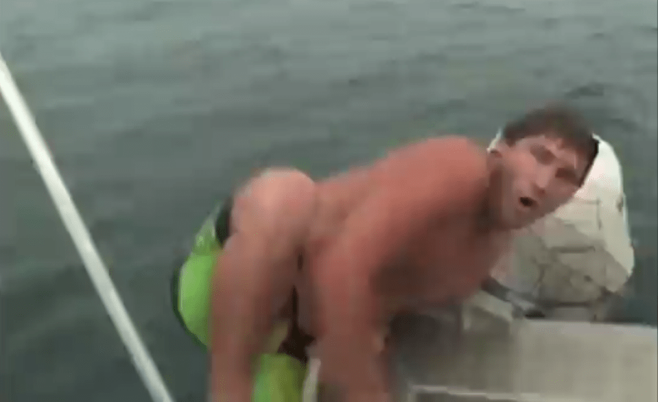 The swimmer scrambles back on board the boat